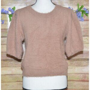 Buddy Love Ladies Brown Half Puff Sleeve Crop Sweater Top Size L Fuzzy Eyelash